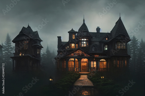 Dark house, dramatic weather with clouds, light in the window. Autumn landscape with a house and trees, fallen leaves, cold, rain. 3D illustration.