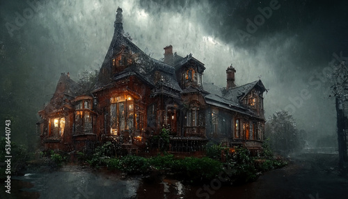 Dark house, dramatic weather with clouds, light in the window. Autumn landscape with a house and trees, fallen leaves, cold, rain. 3D illustration. © Terablete