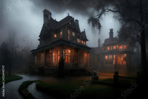 Dark house, dramatic weather with clouds, light in the window. Autumn landscape with a house and trees, fallen leaves, cold, rain. 3D illustration.