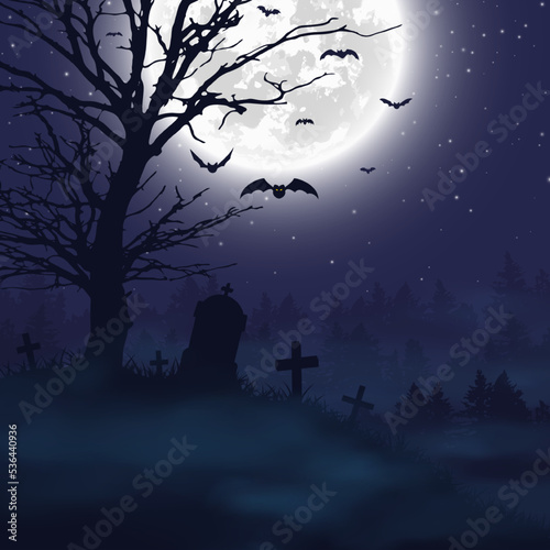 Halloween night background. Scary cemetery and full moon. Vector banner