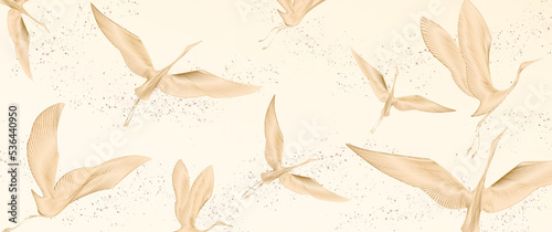 Light art background with birds pattern in gold line art style. Vector banner with oriental pattern of cranes for wallpaper, interior, decor, textile, print, packaging.