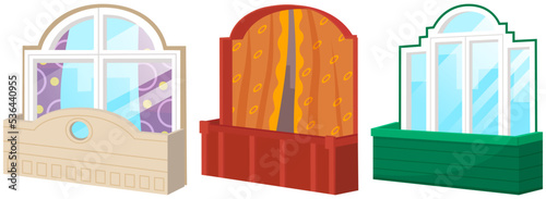 Balcony vector vintage balconied railing windows facade wall of building illustration set of beautiful architecture. Decor window-pane facade with curtains isolated on background platform with