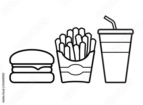 burger fries drink simple line drawing icons