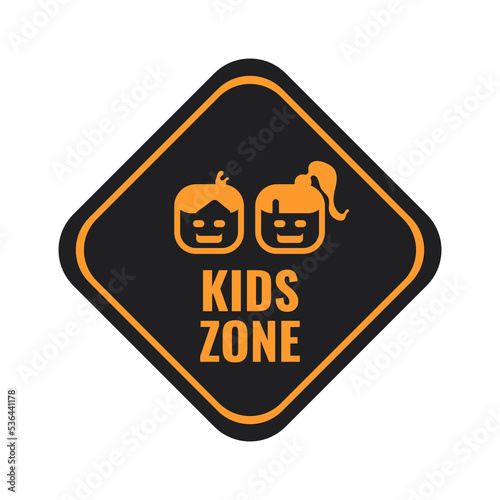 Kids Zone metal sign with orange icon and lettering on black board isolated on white background, vector illustration in trendy design style. Suitable and perfect for many purposes. photo