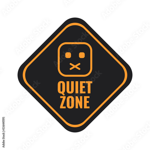 Quiet Zone metal sign with orange icon and lettering on black board isolated on white background, vector illustration in trendy design style. Suitable and perfect for many purposes.