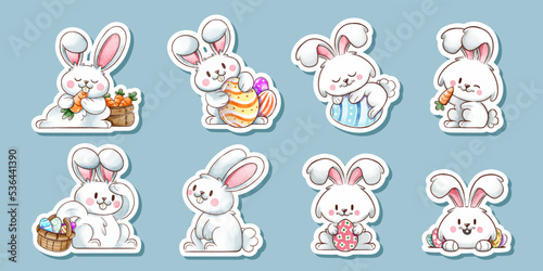 Vector set of easter bunny stickers, Happy easter stickers collection with rabbit and colorful painted eggs