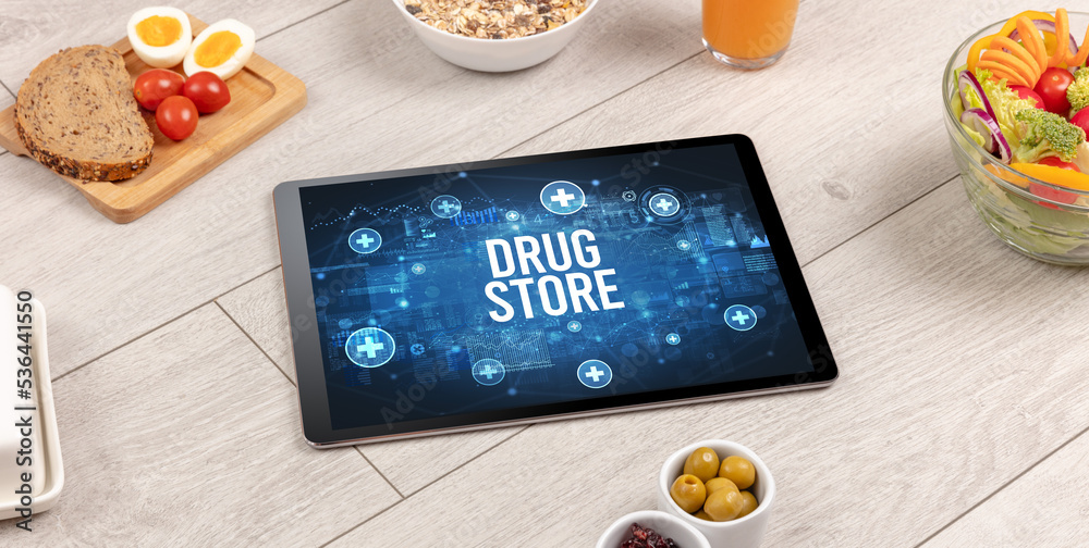 Tablet Pc with fruits, healthy concept Tablet Pc with fruits, healthy concept