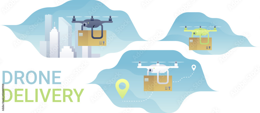 Drone delivery concept isolated vector illustration. Modern delivery service with a quadcopter. A drone carrying a package Drone delivery concept isolated vector illustration. Modern delivery service with a quadcopter. A drone carrying a package