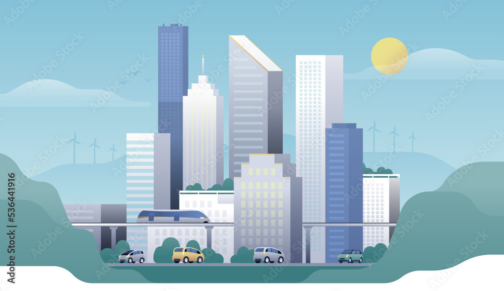 Fototapeta premium Flat vector illustration of a city road landscape with public transportation and street traffic. Office buildings and green trees on a skyline background with mountains and wind turbines