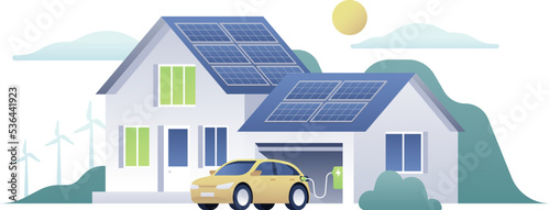 Isolated vector illustration of an electric car charging at a garage charger station in a smart house. Rooftop solar panels and wind turbines in the background