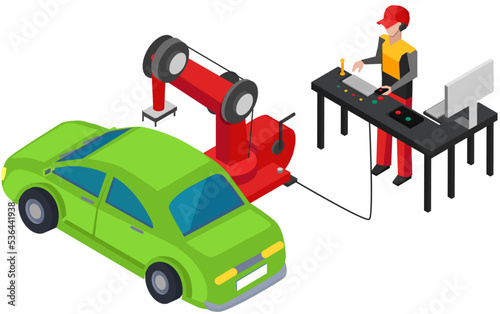 Fototapeta Naklejka Na Ścianę i Meble -  Worker controls process of automated production of automobile. Car body with robotic arm and mechanic or engineer. Man manages work of robot using control panel. Automotive construction of vehicles