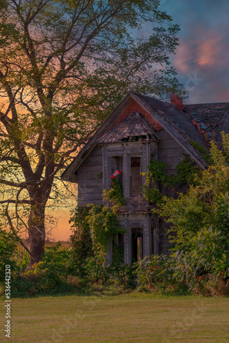 An old abandoned homestead known as the Guyitt House enjoys the beautiful sunset as it sits quietly in a field in rural Ontario by the shore of Lake Erie.