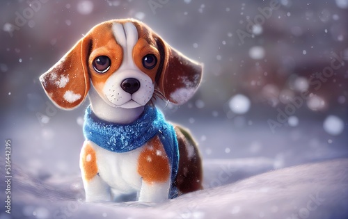 An adorable 3D-rendered computer-generated Beagle puppy with a modern 3D animation look. Playing outdoors and enjoying the weather like a good boy