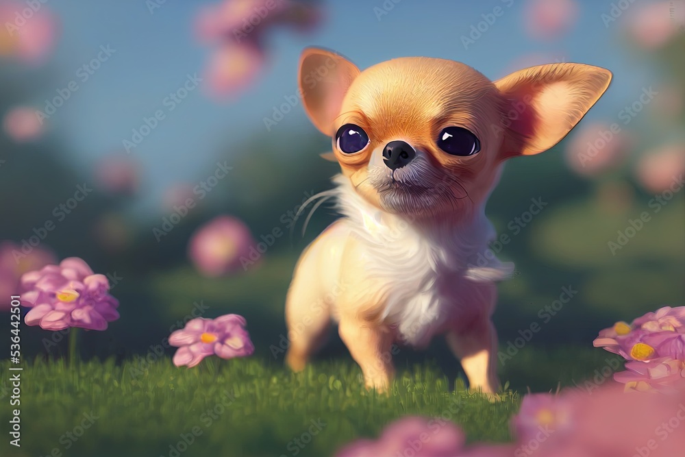 3D-Rendered Chihuahua puppy playing outside and enjoying the weather. computer-generated image meant to mimic photorealism