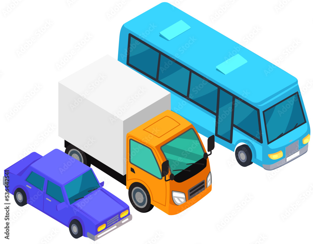 Transport while driving on roadway. Set of different automobiles, vehicles, lorry, coach. Moving around city by car, road traffic concept. Passenger car, truck and bus isolated on white background Transport while driving on roadway. Set of different automobiles, vehicles, lorry, coach. Moving around city by car, road traffic concept. Passenger car, truck and bus isolated on white background