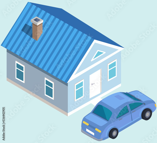 Blue car near country house. Residential building of suburb or village. Automobile parked near cottage. Property and real estate outside city. Architecture and transport of town vector illustration