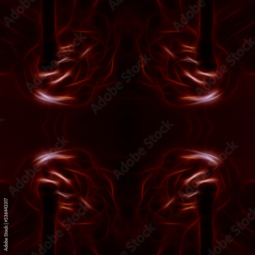 Dark red seamless abstract pattern with light sinuous lines and bright flashes. Beautiful and gloomy texture with symmetrical patterns. Dark background. 
