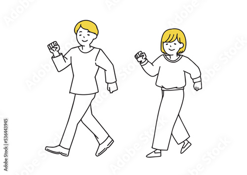 歩くシニアの男女のセット　シンプルな線の人物イラスト