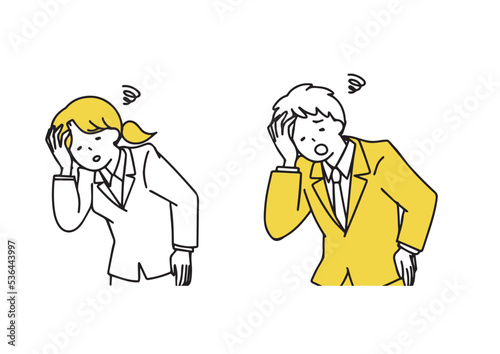 がっかりして落ち込んでいるスーツの男女セット　シンプルな線の人物イラスト