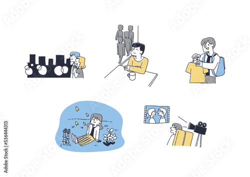 それぞれの休日の過ごし方　コミカルな手書きの人物　ベクター、線画にカラー