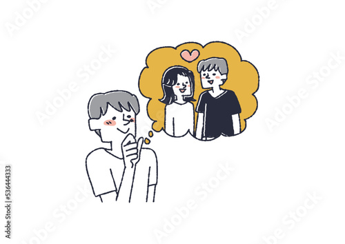 憧れの女性とのデートを夢見る男性　コミカルな手書きの人物　ベクター、線画にカラー