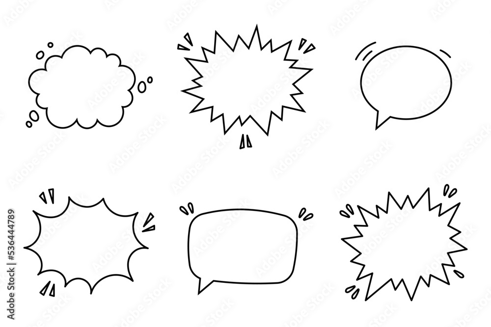 Conjunto de burbujas de comic vacías dibujadas a mano. Añadir texto. Ilustración vectorial - obrazy, fototapety, plakaty 
