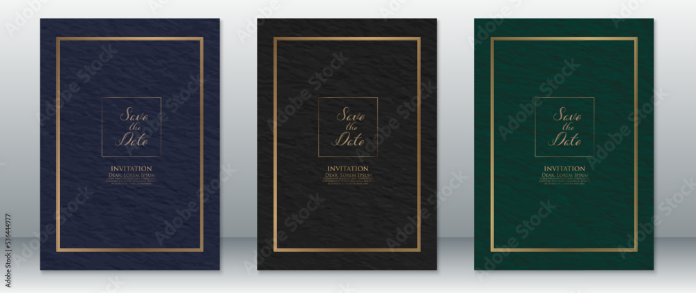 Fototapeta premium Luxury wedding invitation card template with golden frame and watercolor paper texture dark background