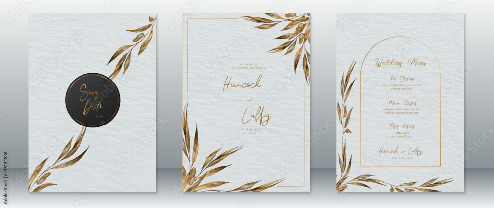 Wedding invitation card template luxury of golden design with dry leaf, gold frame and watercolor texture background - obrazy, fototapety, plakaty 