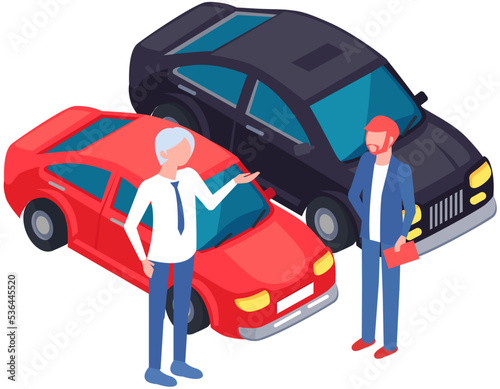 Men standing near red car. Colleagues discussing automobile to buy. Purchase of vehicle, making deal concept. Male characters checking transport. Buying or renting automobile