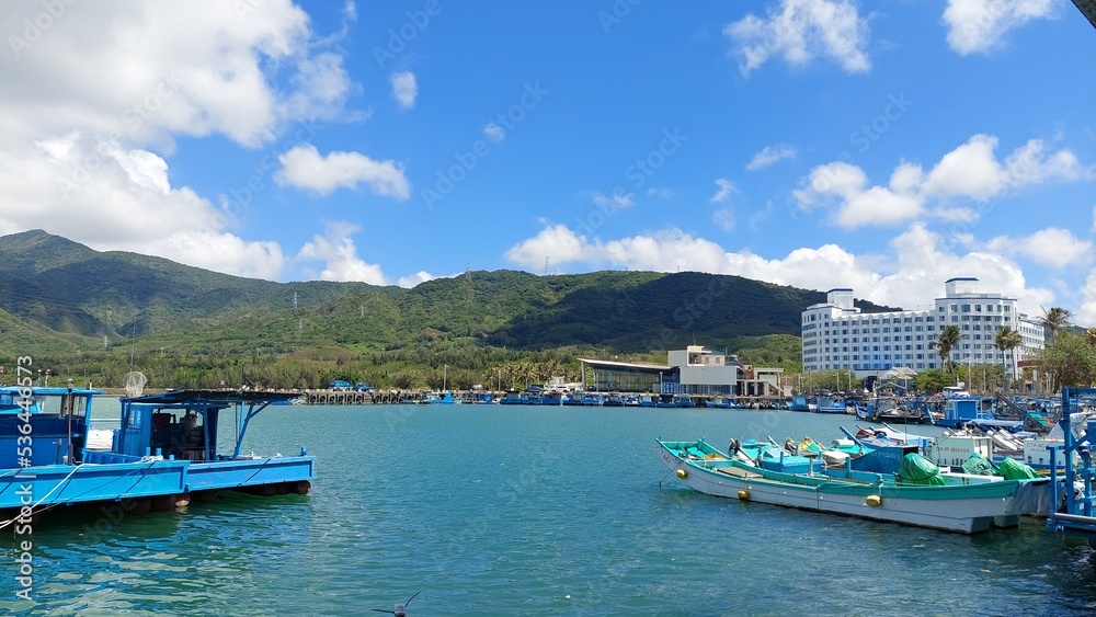 fishing port in Pingtung with blue sky and boats design for outdoor activity