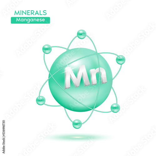 Minerals manganese atom surrounded by electrons green. Icon 3D isolated on a white background. Medical scientific concepts. 3D Vector EPS10 illustration.