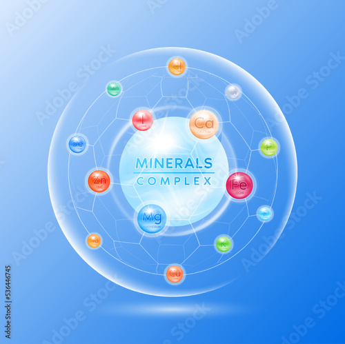 Minerals vitamins complex. Multivitamins capsules isolated on blue background. Dietary supplement for pharmacy clinic advertisement package design. Science medic concept. 3D vector EPS10.