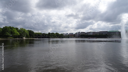 Lake, clouds, water, fountain, trees, buildings at hamburg, germany