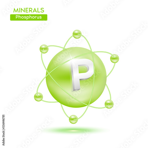 Minerals phosphorus atom surrounded by electrons green. Icon 3D isolated on a white background. Medical scientific concepts. 3D Vector EPS10 illustration.