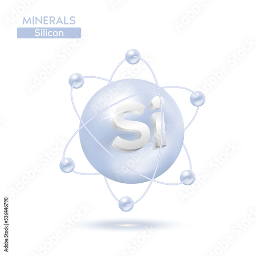 Minerals silicon atom surrounded by electrons silver. Icon 3D isolated on a white background. Medical scientific concepts. 3D Vector EPS10 illustration.