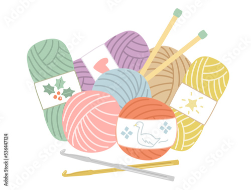 毛糸と棒針とかぎ針のイラストのセット