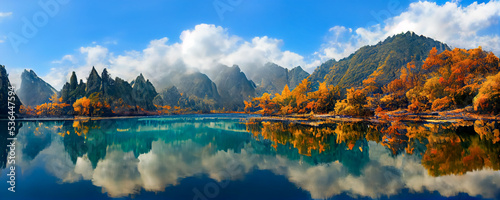 Mountain panorama of a beautiful alpine autumn view with reflections in a lake. Mountain landscape, lake and mountain range, large panorama. 3d render
 photo
