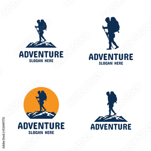 Hiking adventure logo design vector.
mountain climbing person logo vector design with river in the middle