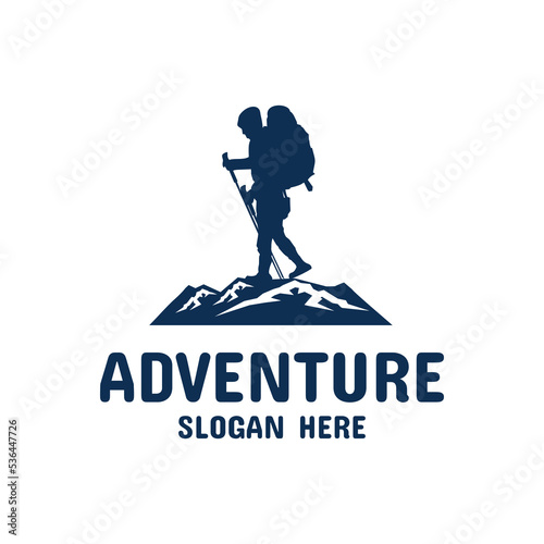 Hiking adventure logo design vector.
mountain climbing person logo vector design with river in the middle
