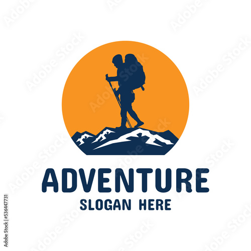Hiking adventure logo design vector.
mountain climbing person logo vector design with river in the middle