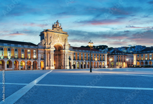 View of the Commerce Square in Lisbon at blue hour - Praça do Comercio at sunrise in Portugal photo