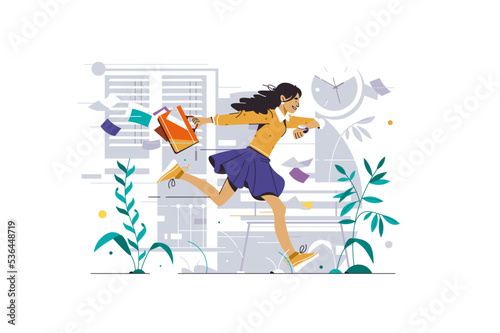 Girl run in hurry to work, looking for the watch and run