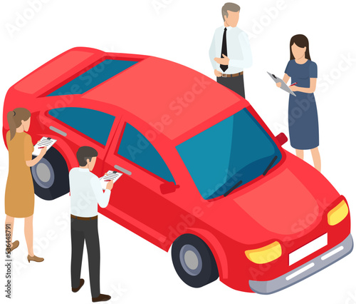 Men standing near red car. Colleagues discussing automobile to buy. Purchase of vehicle, making deal concept. Male characters checking transport. People next to passenger car vector illustration