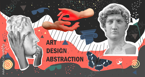 Vector abstract modern illustration. Antique heads. Banner with Greek bust. Modern design elements. template design