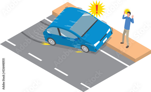 運転ミスで歩道に乗り上げる交通事故のイラスト