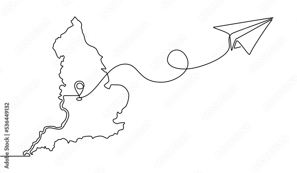 Continuous one line drawing of England domestic aircraft flight routes. England map icon and airplane path of airplane flight route with starting point location in doodle style. Transparent background