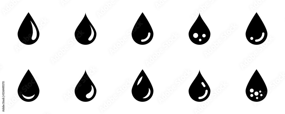 Conjunto de iconos de gota de agua negro. Lluvia. Gota líquida. Ilustración vectorial