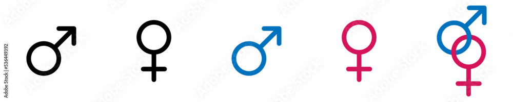 Conjunto de iconos de género masculino y femenino. Hombre y mujer. Concepto de identificación. Ilustración vectorial