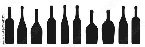 Wine bottle different shapes silhouette set. Various types alcohol beverages red, white, sparkling wine champagne liquor. Celebration advertisement blank bottles engraving stamp stain design bar, cafe
