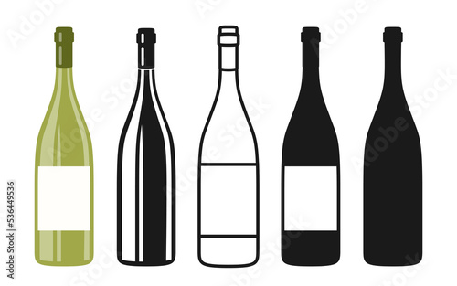 Wine bottle symbol set, icon line, stamp engraving silhouette vintage design. Alcohol beverages white wine, champagne. Celebration winemaking advertisement bottles mockup for bar, restaurant vector